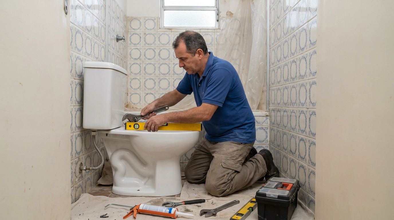 Técnico instalando vaso sanitário em Pelotas‑RS